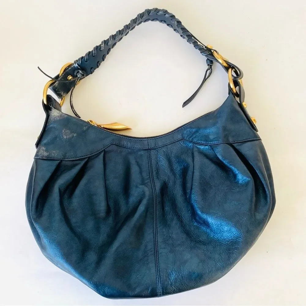 Francisco Biasia Elegant Navy Leather Hobo Bag Gold Tone Hardware Made in Italy